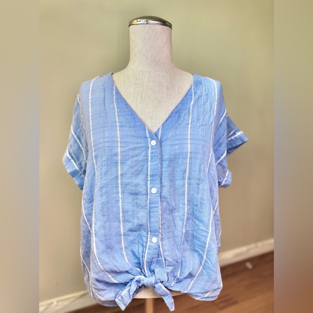 Lucky Brand Women's Blue Striped Tie Front Lightweight Cotton Top Size M